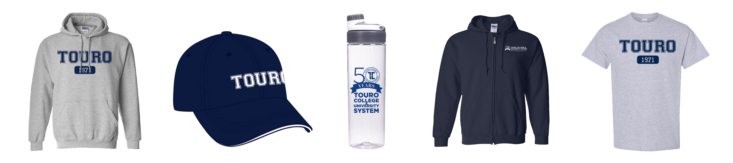 sweatshirts, t-shirts, hat and water bottle with the touro logo
